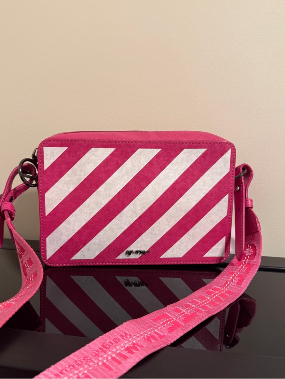 Off-White Pink and White Diagonal Stripe Crossbody Bag